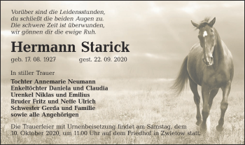 Traueranzeige von Hermann Starick von lausitzer_rundschau