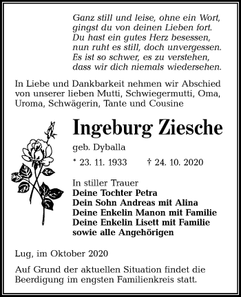 Traueranzeige von Ingeburg Ziesche von lausitzer_rundschau