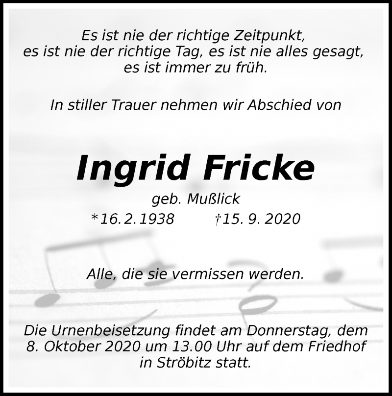  Traueranzeige für Ingrid Fricke vom 07.10.2020 aus lausitzer_rundschau