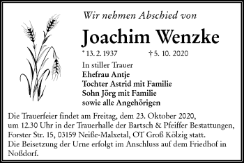 Traueranzeige von Joachim Wenzke von lausitzer_rundschau