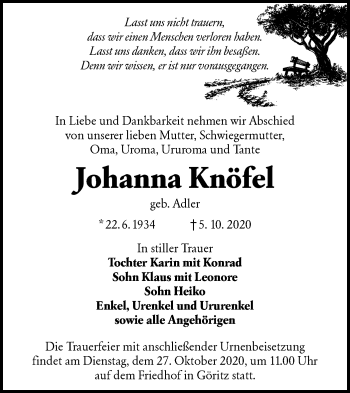 Traueranzeige von Johanna Knöfel von lausitzer_rundschau