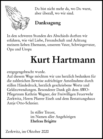 Traueranzeige von Kurt Hartmann von lausitzer_rundschau