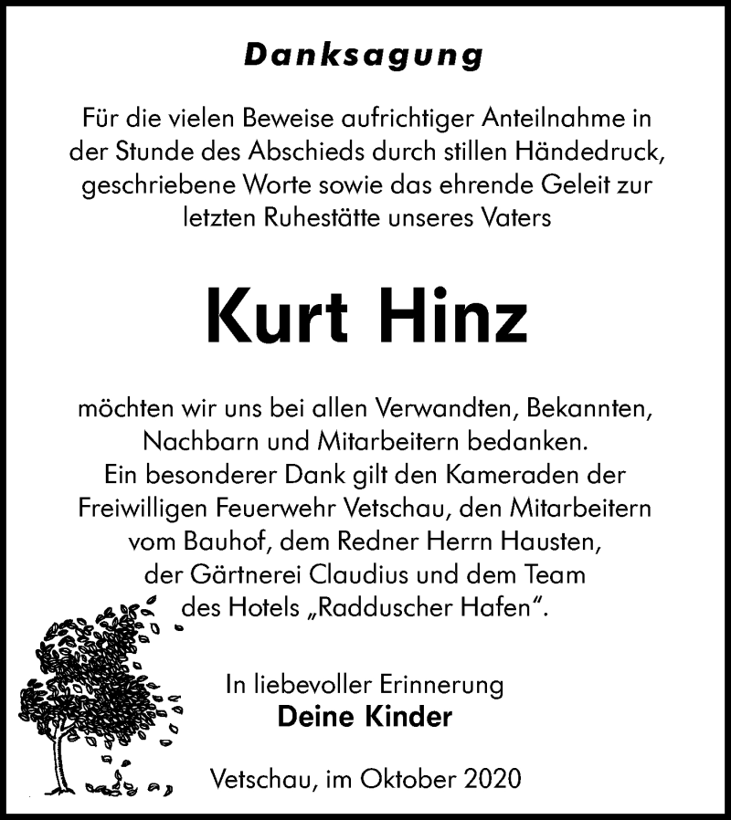  Traueranzeige für Kurt Hinz vom 17.10.2020 aus lausitzer_rundschau