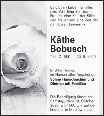 Traueranzeige von Käthe Bobusch von lausitzer_rundschau