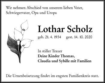 Traueranzeige von Lothar Scholz von lausitzer_rundschau