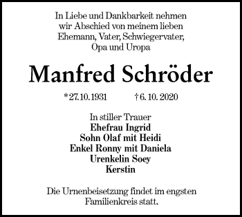 Traueranzeige von Manfred Schröder von lausitzer_rundschau