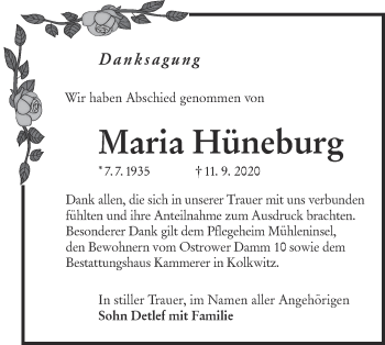 Traueranzeige von Maria Hüneburg von lausitzer_rundschau