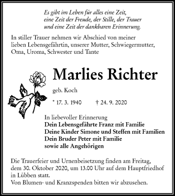 Traueranzeige von Marlies Richter von lausitzer_rundschau