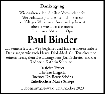 Traueranzeige von Paul Binder von lausitzer_rundschau