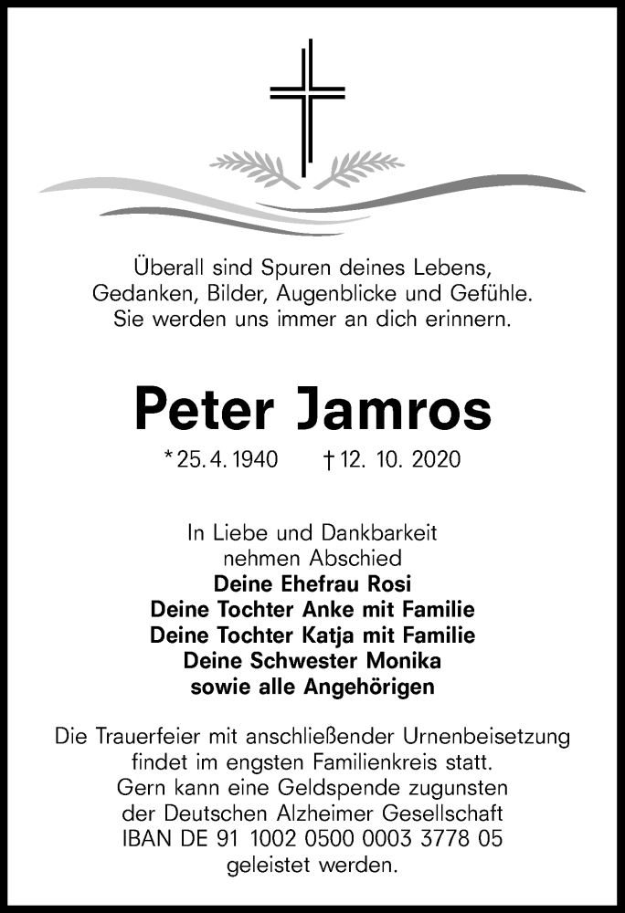  Traueranzeige für Peter Jamros vom 24.10.2020 aus lausitzer_rundschau