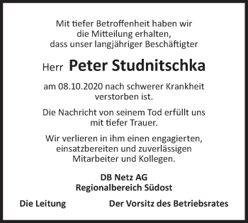 Traueranzeige von Peter Studnitschka von lausitzer_rundschau