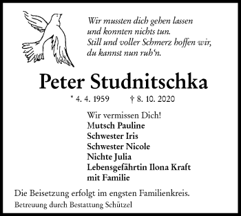 Traueranzeige von Peter Studnitschka von lausitzer_rundschau