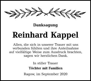 Traueranzeige von Reinhard Kappel von lausitzer_rundschau