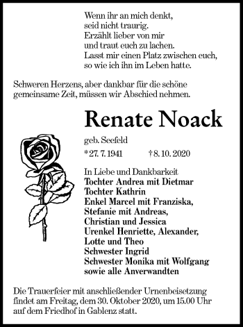 Traueranzeige von Renate Noack von lausitzer_rundschau