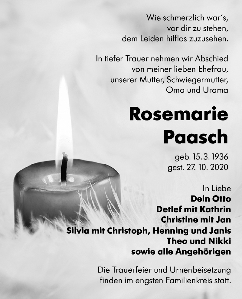  Traueranzeige für Rosemarie Paasch vom 30.10.2020 aus lausitzer_rundschau