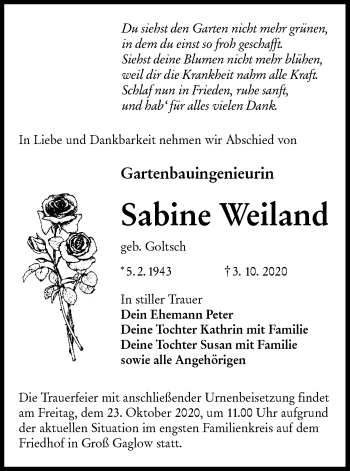 Traueranzeige von Sabine Weiland von lausitzer_rundschau