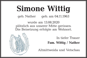 Traueranzeige von Simone Wittig von lausitzer_rundschau