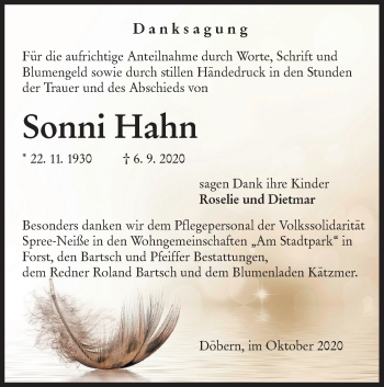 Traueranzeige von Sonni Hahn von lausitzer_rundschau