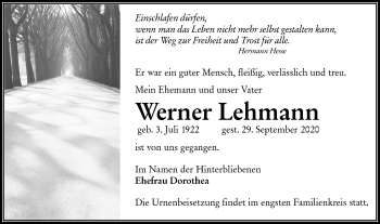 Traueranzeige von Werner Lehmann von lausitzer_rundschau