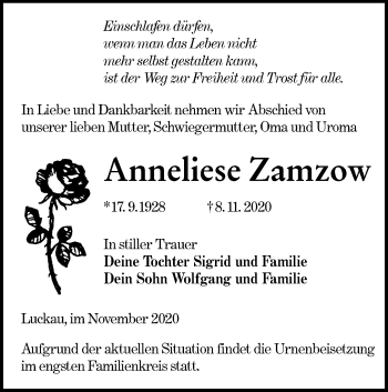 Traueranzeige von Anneliese Zamzow von lausitzer_rundschau
