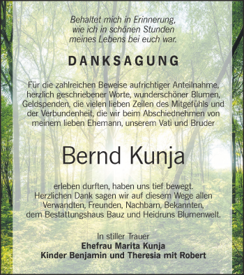 Traueranzeige von Bernd Kunja von lausitzer_rundschau