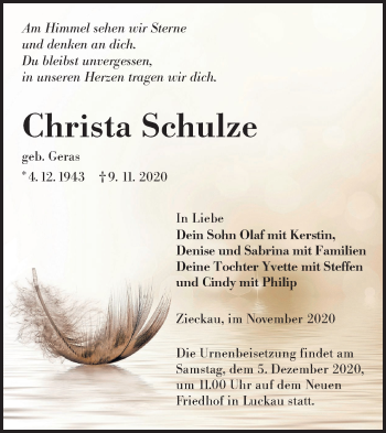 Traueranzeige von Christa Schulze von lausitzer_rundschau