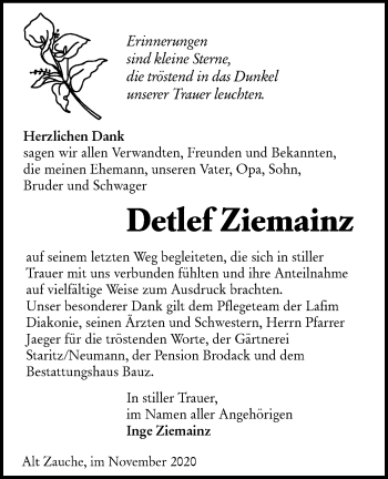 Traueranzeige von Detlef Ziemainz von lausitzer_rundschau