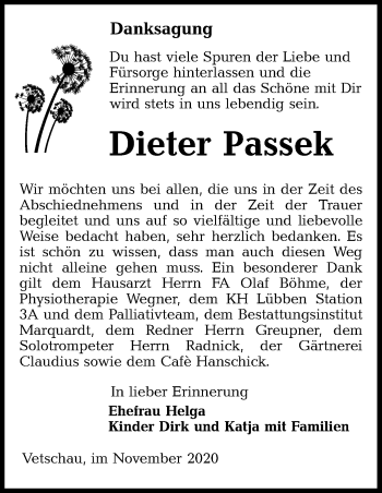 Traueranzeige von Dieter Passek von lausitzer_rundschau