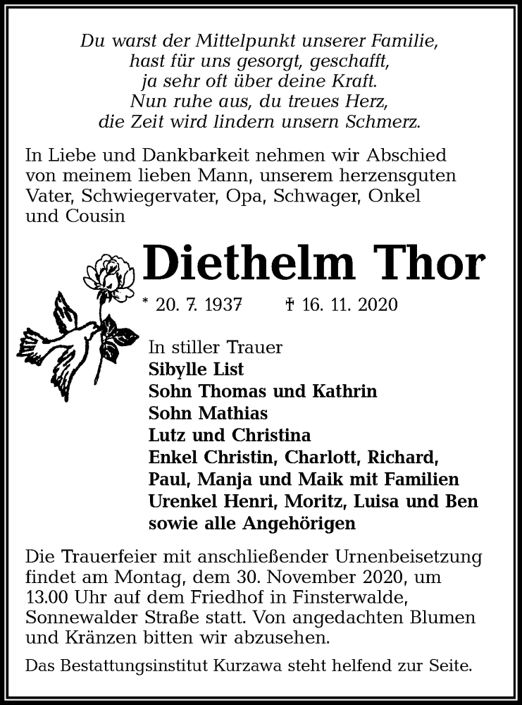  Traueranzeige für Diethelm Thor vom 28.11.2020 aus lausitzer_rundschau