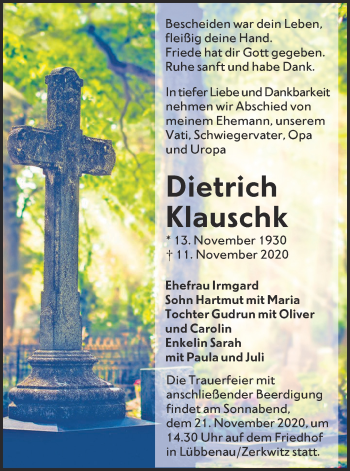 Traueranzeige von Dietrich Klauschk von lausitzer_rundschau