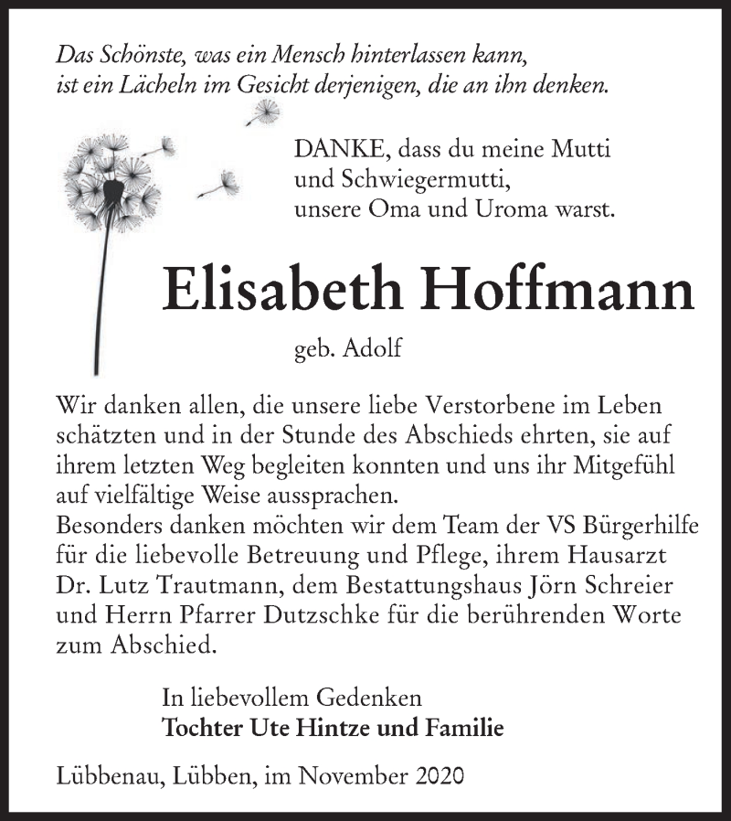  Traueranzeige für Elisabeth Hoffmann vom 21.11.2020 aus lausitzer_rundschau
