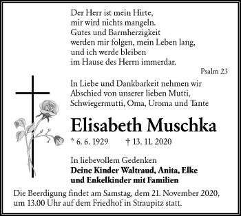 Traueranzeige von Elisabeth Muschka von lausitzer_rundschau