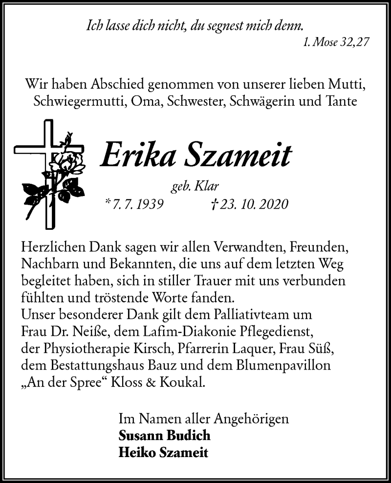  Traueranzeige für Erika Szameit vom 14.11.2020 aus lausitzer_rundschau