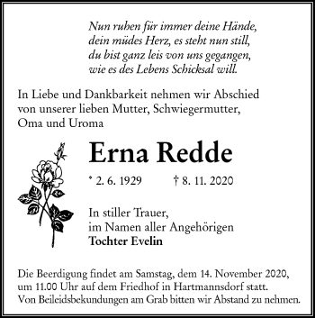 Traueranzeige von Erna Redde von lausitzer_rundschau