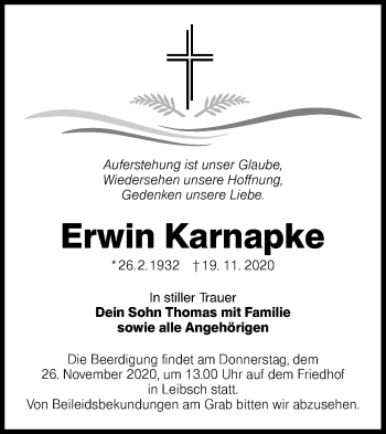 Traueranzeige von Erwin Karnapke von lausitzer_rundschau