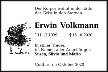 Traueranzeige von Erwin Volkmann von lausitzer_rundschau
