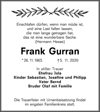Traueranzeige von Frank Gurran von lausitzer_rundschau