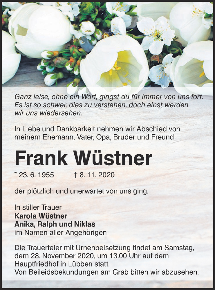  Traueranzeige für Frank Wüstner vom 21.11.2020 aus lausitzer_rundschau