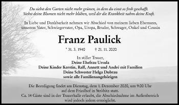 Traueranzeige von Franz Paulick von lausitzer_rundschau