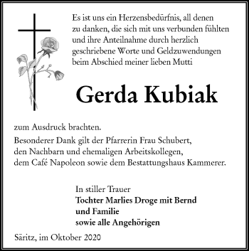 Traueranzeige von Gerda Kubiak von lausitzer_rundschau