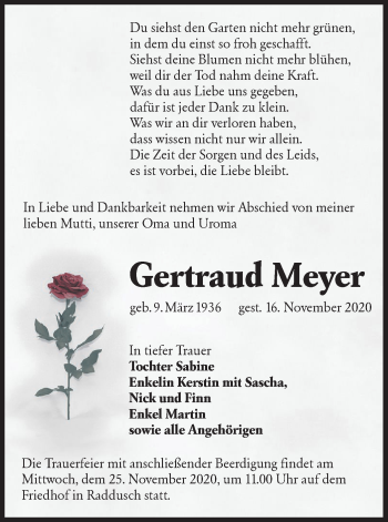 Traueranzeige von Gertraud Meyer von lausitzer_rundschau