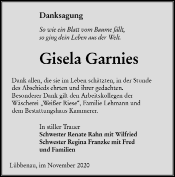Traueranzeige von Gisela Garnies von lausitzer_rundschau