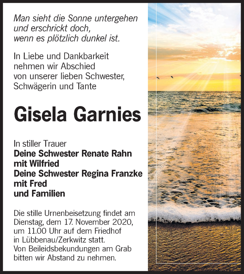  Traueranzeige für Gisela Garnies vom 07.11.2020 aus lausitzer_rundschau