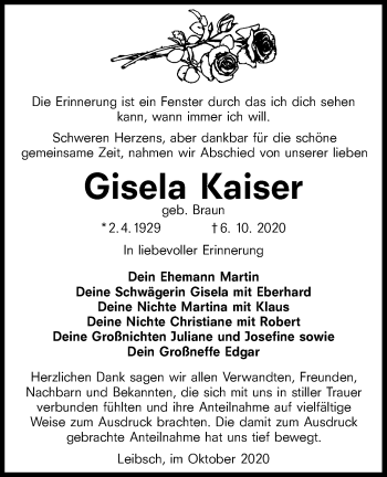 Traueranzeige von Gisela Kaiser von lausitzer_rundschau