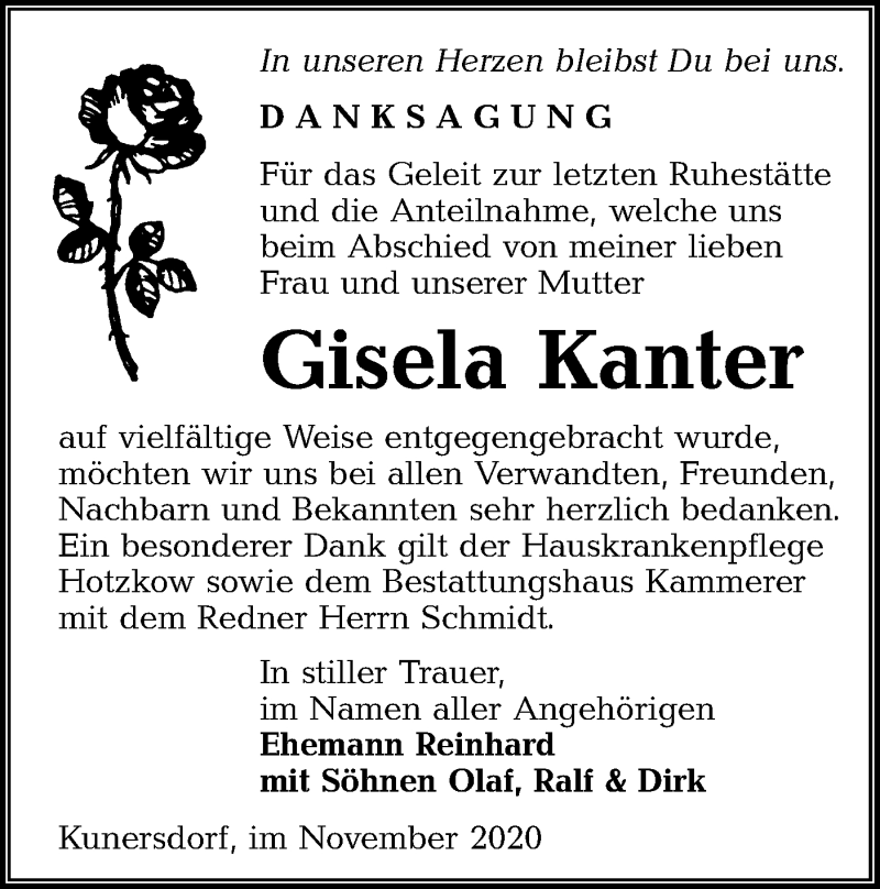  Traueranzeige für Gisela Kanter vom 28.11.2020 aus lausitzer_rundschau
