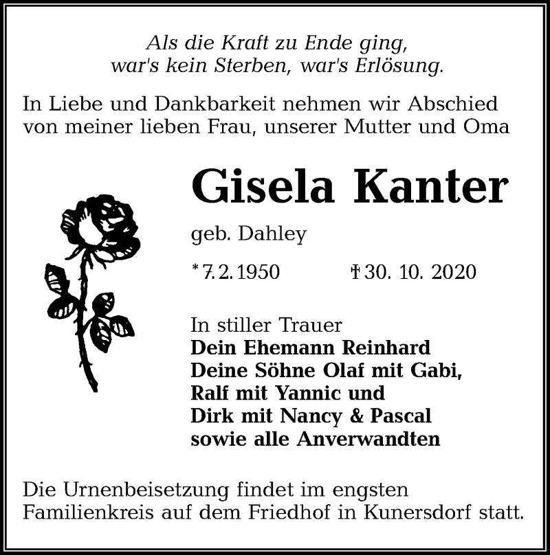  Traueranzeige für Gisela Kanter vom 07.11.2020 aus lausitzer_rundschau