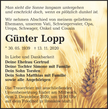 Traueranzeige von Günter Lopp von lausitzer_rundschau