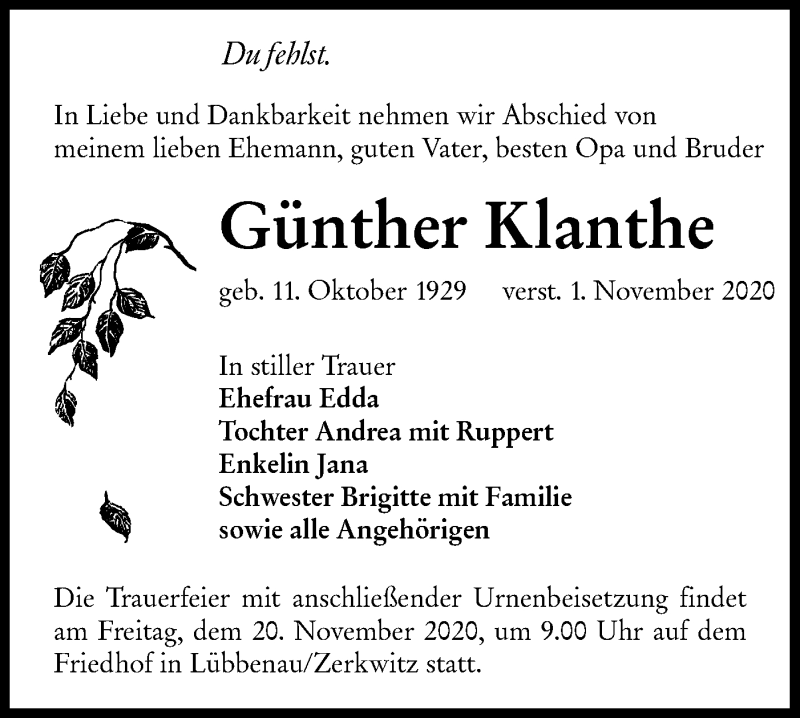  Traueranzeige für Günther Klanthe vom 14.11.2020 aus lausitzer_rundschau