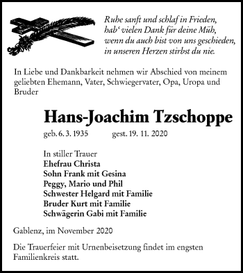 Traueranzeige von Hans-Joachim Tzschoppe von lausitzer_rundschau