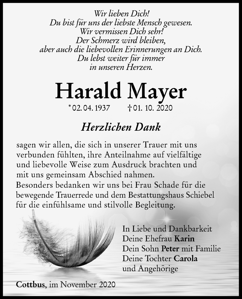  Traueranzeige für Harald Mayer vom 14.11.2020 aus lausitzer_rundschau